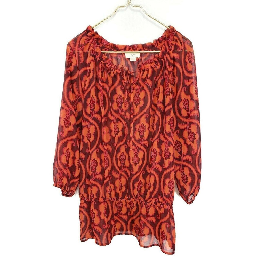 LOFT Sheer Red Peasant Blouse Large Elastic Neckline Boho Peplum Off Shoulder